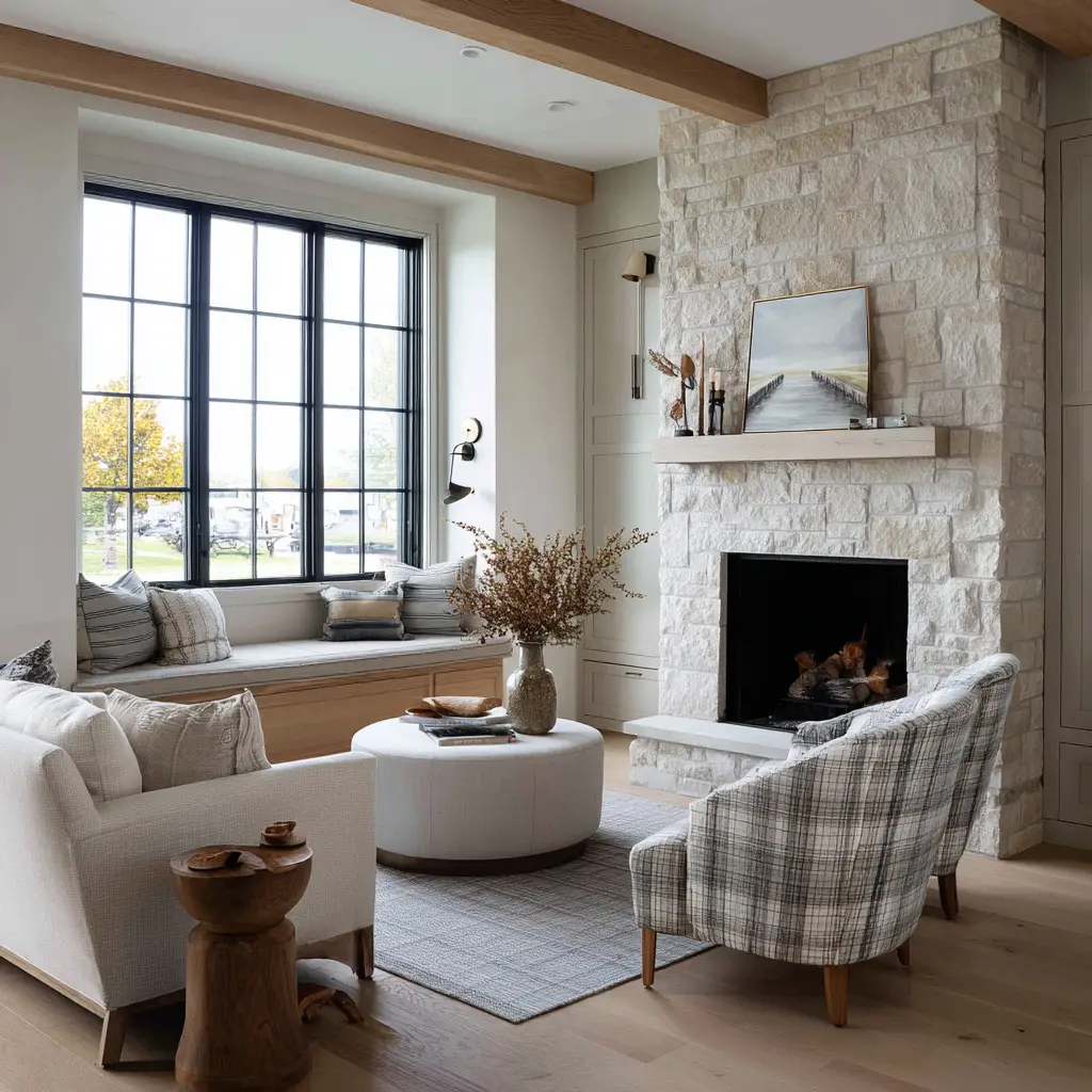 conversation area with a pale blocky stone fireplace and simple wood mantel, leaning artwork and small objects on the mantel. conversation area with a pale blocky stone fireplace and simple wood mantel, leaning artwork and small objects on the mantel.