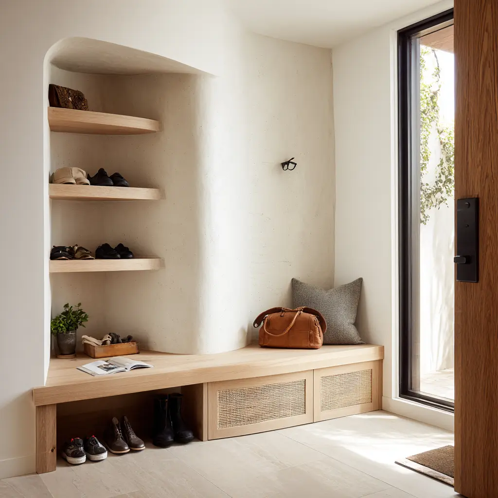 sculptural drop zone with rounded wall niche, curved shelving alcove, long bench, woven drawer fronts, open shoe shelf