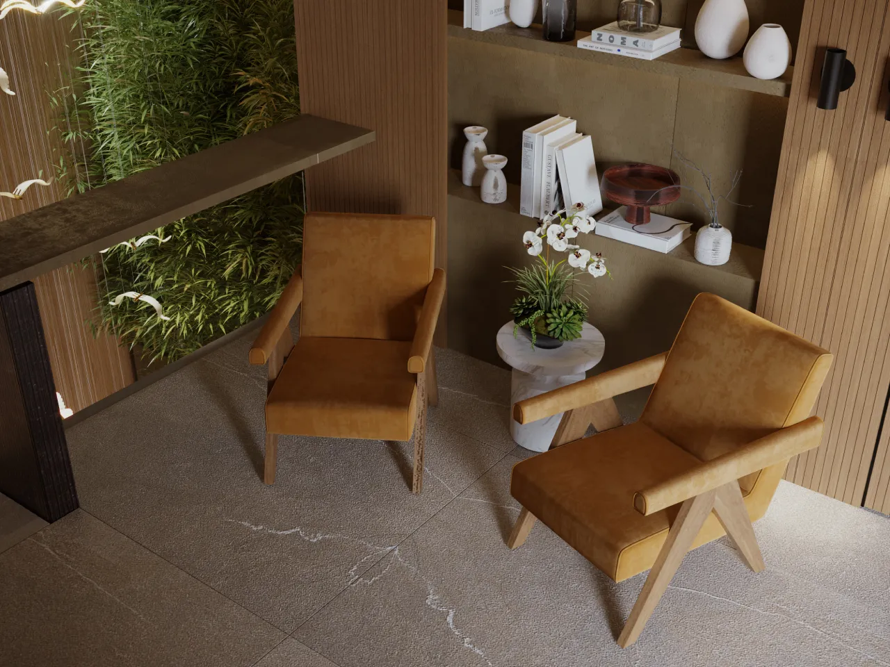 A contemporary luxury interior design for a house passage with a wood wall cladding, 2 accent chairs and stylish flooring.