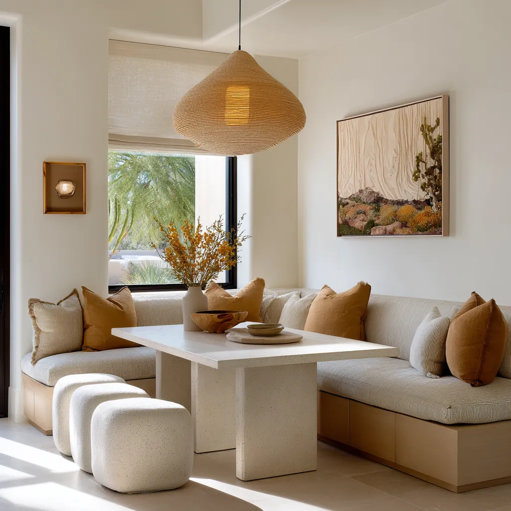 A desert-toned corner breakfast nook design with blocky stone table, sculpted stools, and a warm woven pendant
