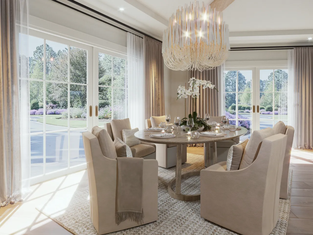 A dining room interior design with an oval table, 6 chairs and a statement chandelier