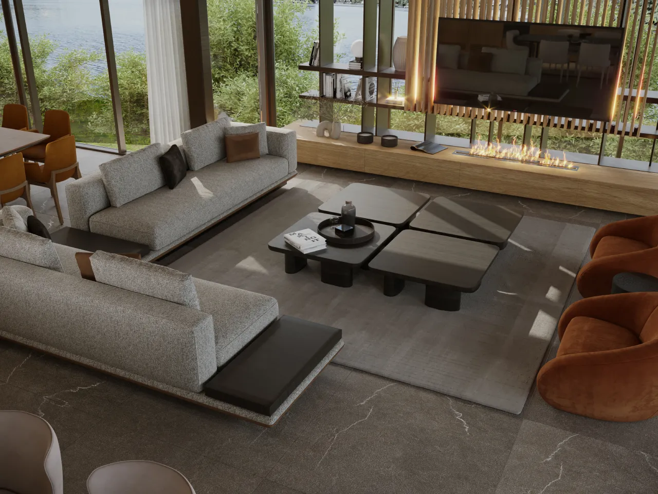 A modern living room interior design with a L-shaped sofa and a bespoke TV unit