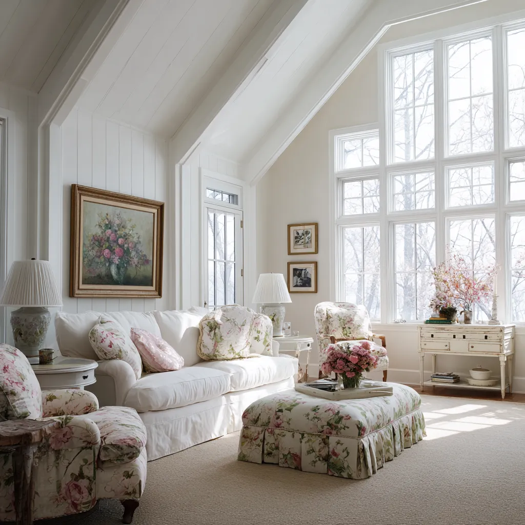 Airy cottage-style modern shabby chic living room design with white slipcovered sofa, floral ottoman with gathered skirt Airy cottage-style modern shabby chic living room design with white slipcovered sofa, floral ottoman with gathered skirt