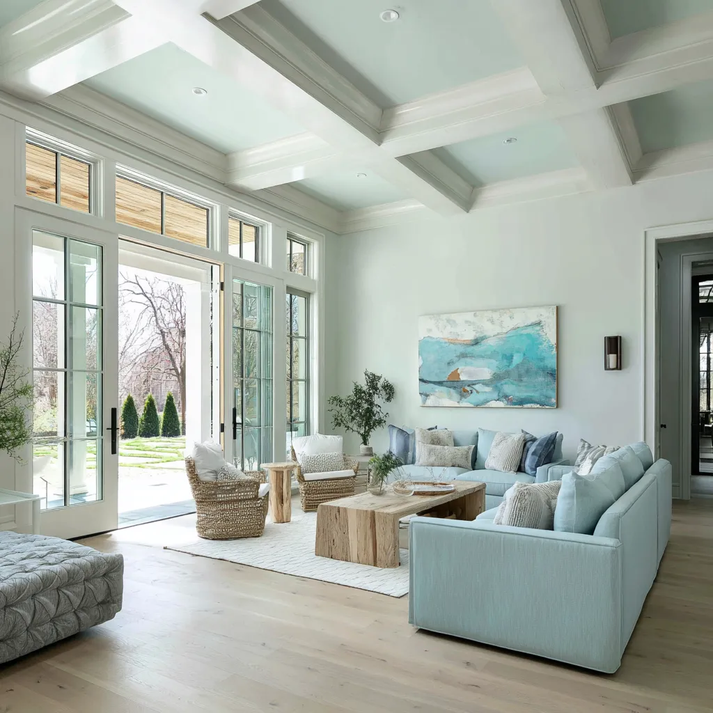 Airy modern Hamptons living room with a pale blue-green coffered ceiling, tall French doors with transoms, blue accents in the sofa and artwork Airy modern Hamptons living room with a pale blue-green coffered ceiling, tall French doors with transoms, blue accents in the sofa and artwork