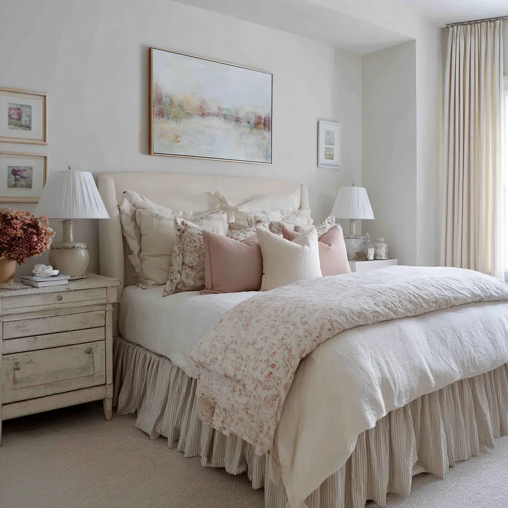 Airy modern shabby chic bedroom with a pale straight-line canopy frame, plain drapery, broad upholstered headboard Airy modern shabby chic bedroom with a pale straight-line canopy frame, plain drapery, broad upholstered headboard