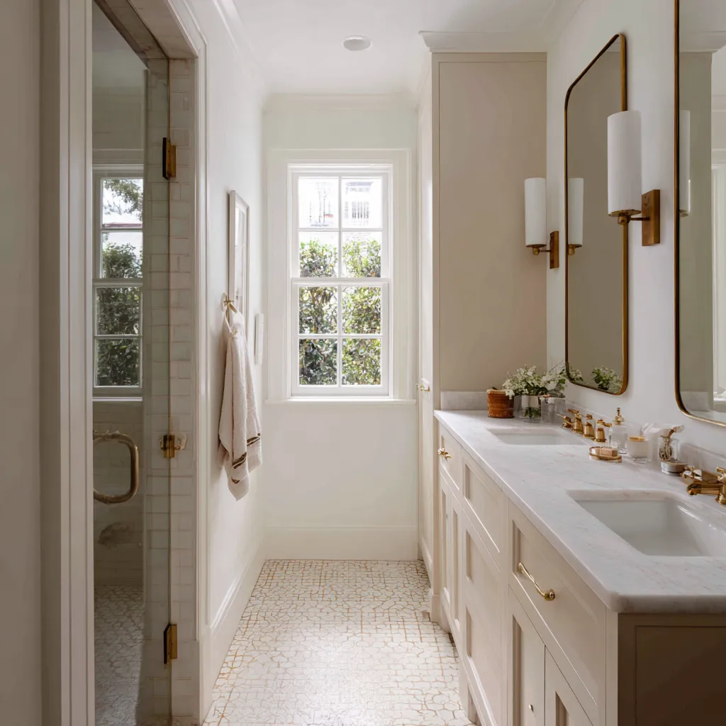 Airy narrow bathroom with a pale double vanity, two rounded-corner mirrors, brass sconces, glass shower, mosaic floor Airy narrow bathroom with a pale double vanity, two rounded-corner mirrors, brass sconces, glass shower, mosaic floor