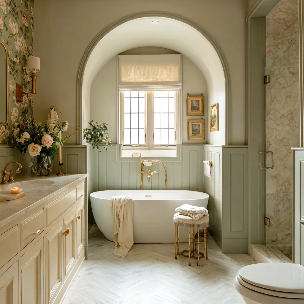 Arched modern shabby chic bathroom with floral wallpaper panel, sage wall paneling, freestanding tub, brass fixtures Arched modern shabby chic bathroom with floral wallpaper panel, sage wall paneling, freestanding tub, brass fixtures
