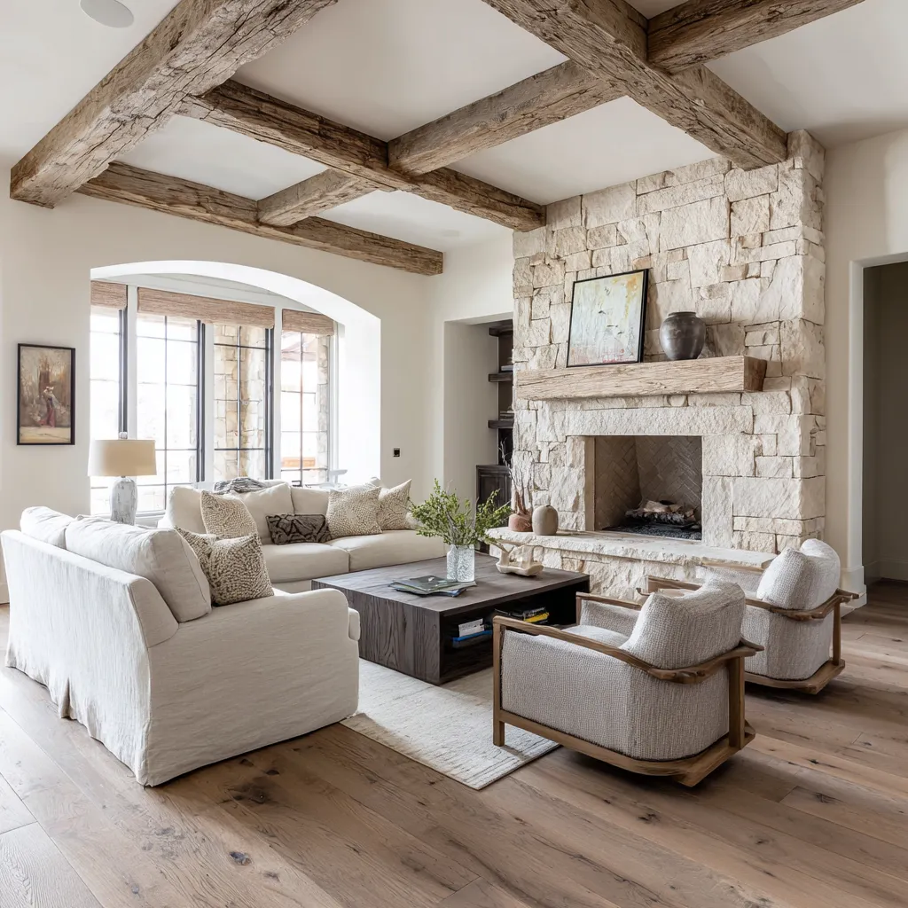 Architectural modern shabby chic living room design with cream slipcovered sofa, rough stone fireplace wall Architectural modern shabby chic living room design with cream slipcovered sofa, rough stone fireplace wall