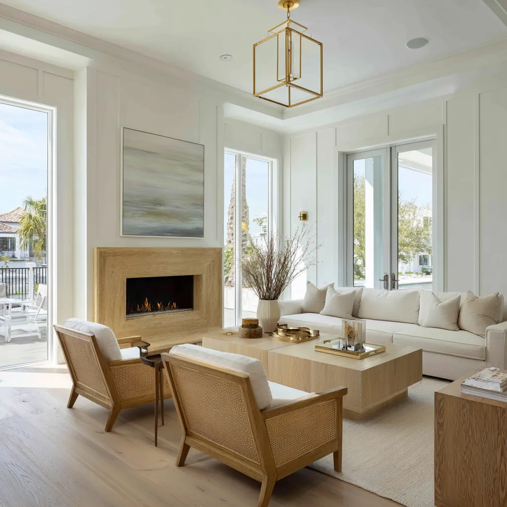 Architectural monochrome modern Hamptons living room with a coffered ceiling, full-height stone chimney breast Architectural monochrome modern Hamptons living room with a coffered ceiling, full-height stone chimney breast