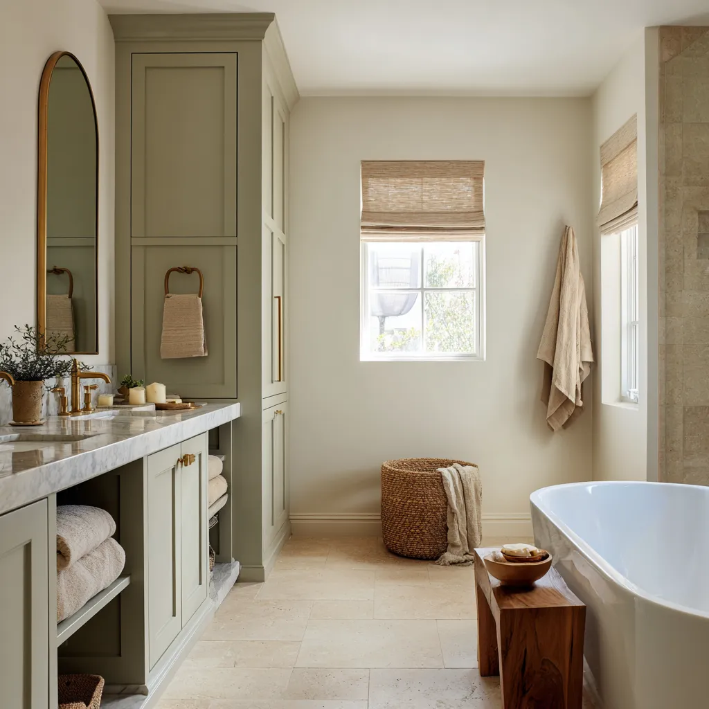 Architectural shabby chic bathroom with sage painted millwork, open towel shelves, marble countertop, slim arched mirror Architectural shabby chic bathroom with sage painted millwork, open towel shelves, marble countertop, slim arched mirror