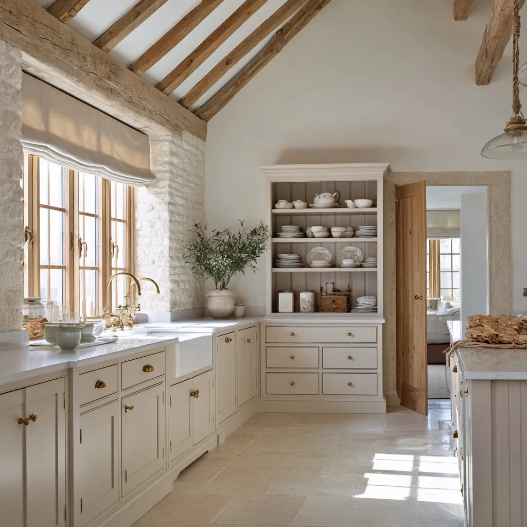 Architectural shabby chic kitchen with exposed rafters, a thick masonry window surround, cream paneled cabinetry Architectural shabby chic kitchen with exposed rafters, a thick masonry window surround, cream paneled cabinetry
