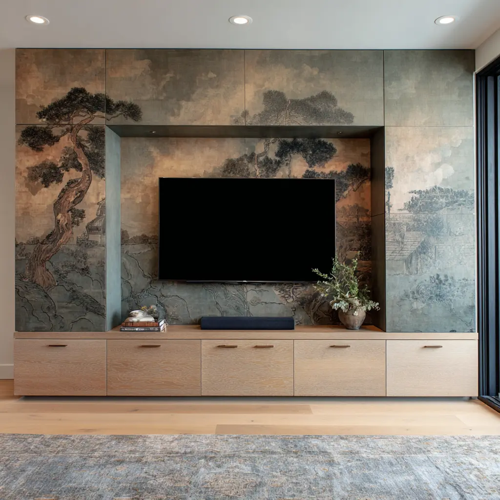 Artistic TV wall with scenic mural panels in muted blue-green tones, recessed television niche, and pale wood base cabinets Artistic TV wall with scenic mural panels in muted blue-green tones, recessed television niche, and pale wood base cabinets