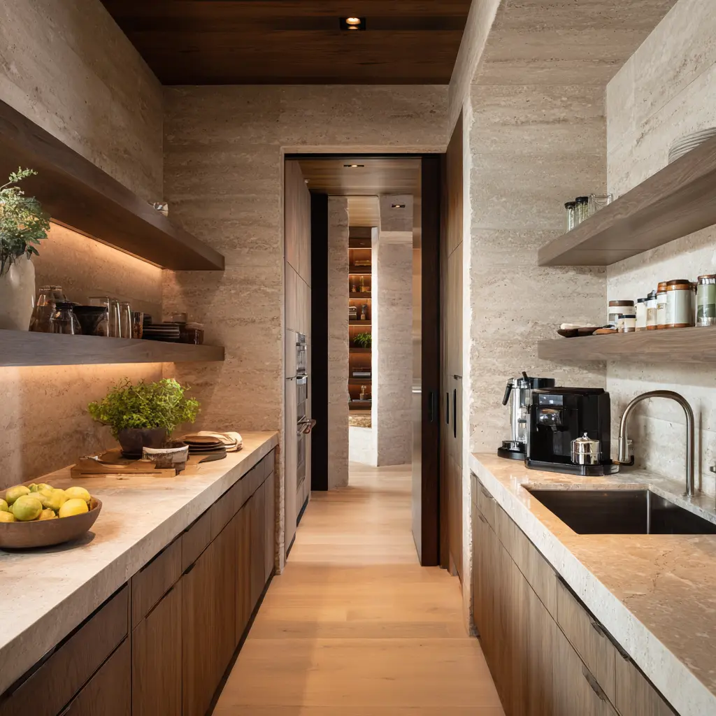 Atmospheric stone-and-wood galley scullery with dark ceiling, floating shelves, warm shelf lighting, long prep counters Atmospheric stone-and-wood galley scullery with dark ceiling, floating shelves, warm shelf lighting, long prep counters