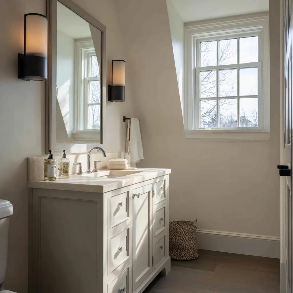 Attic-style Colonial bathroom design with a pale paneled vanity, large rectangular mirror, slim wall sconces, wood floor, woven basket Attic-style Colonial bathroom design with a pale paneled vanity, large rectangular mirror, slim wall sconces, wood floor, woven basket