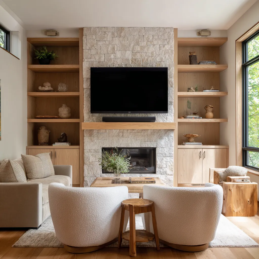 Attractive small living room ideas with a central stacked-stone fireplace wall, oak shelving on both sides, TV over the firebox