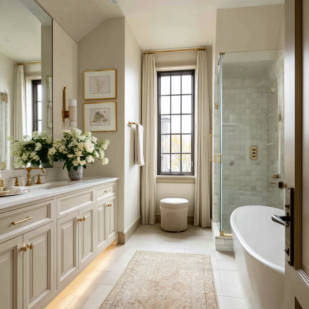 Balanced modern shabby chic bathroom with paneled cream vanity, vertical mirror, white floral arrangement, framed botanical art Balanced modern shabby chic bathroom with paneled cream vanity, vertical mirror, white floral arrangement, framed botanical art