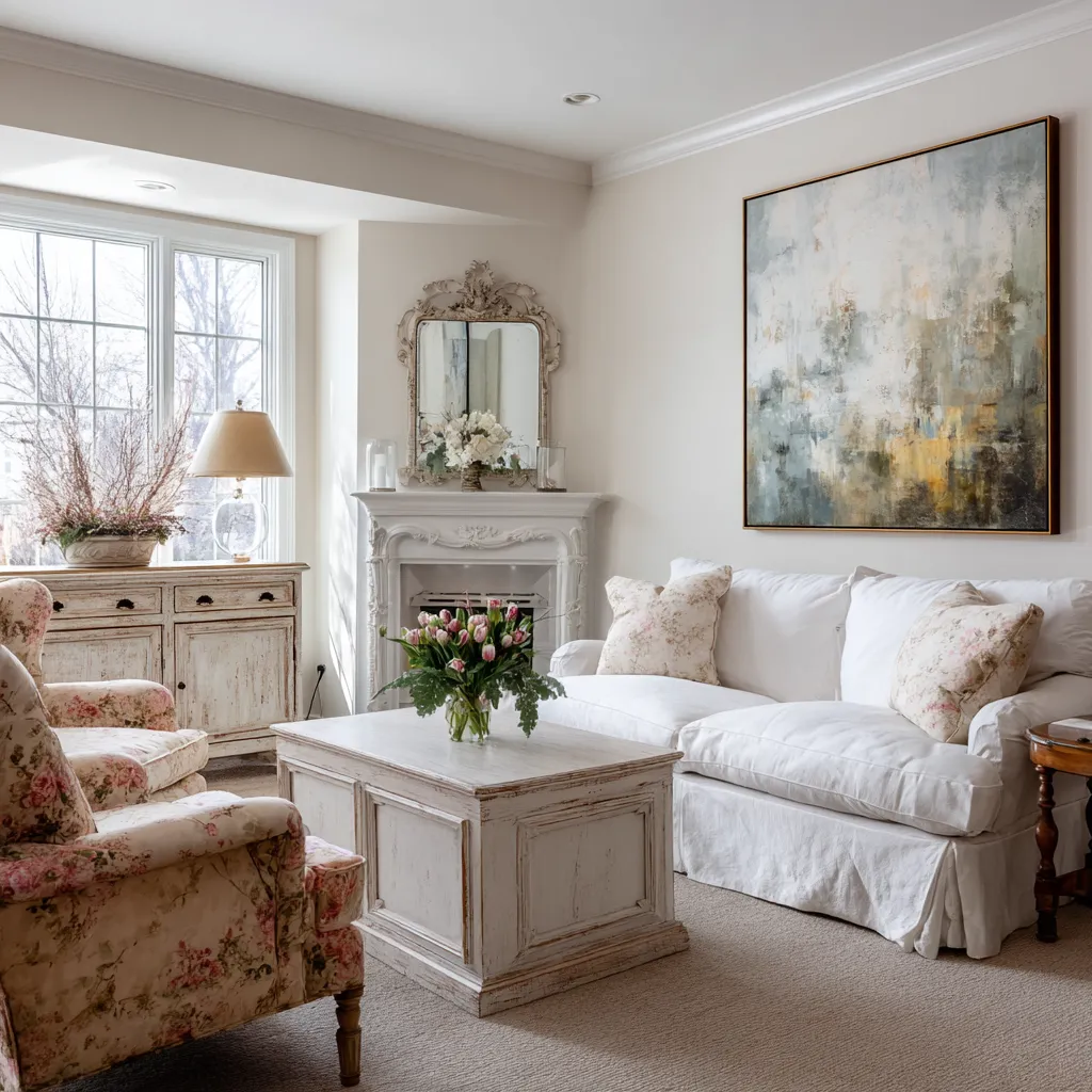 Balanced modern shabby chic living room with carved white fireplace, ornate mirror, white skirted sofa Balanced modern shabby chic living room with carved white fireplace, ornate mirror, white skirted sofa