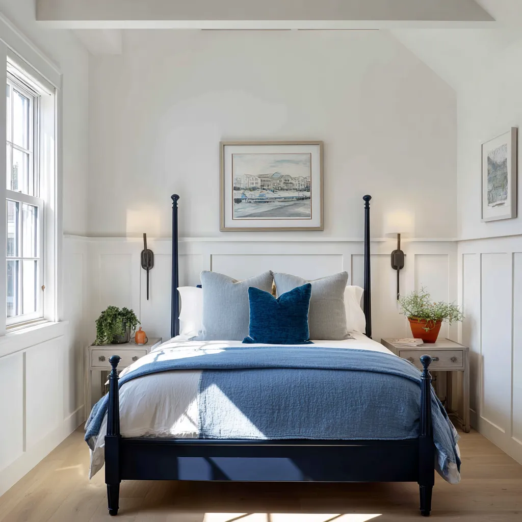 Beautiful blue painted post bed, coastal-style framed artwork, paired wall sconces, and blue-and-white bedding