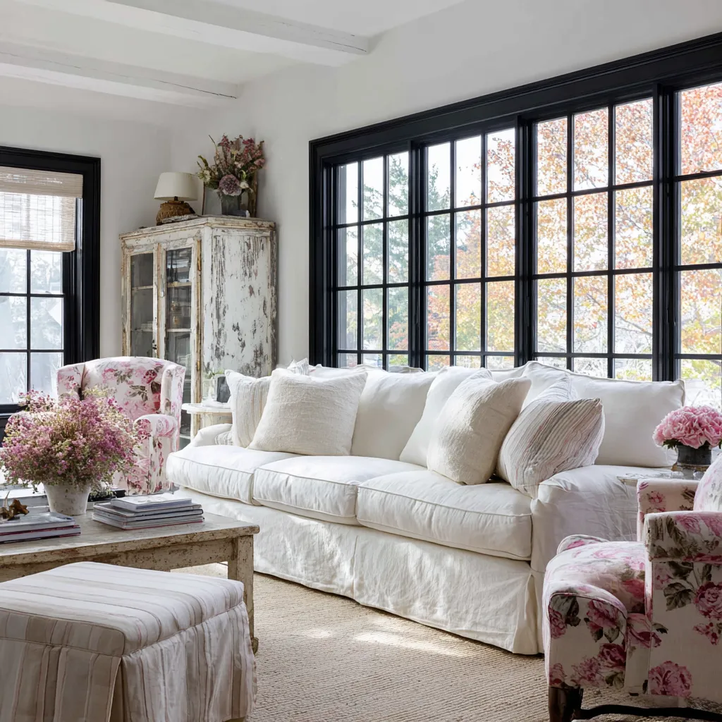 Beautiful modern shabby chic living room with white slipcovered sofa, pink floral club chairs, distressed cabinet, black-framed windows Beautiful modern shabby chic living room with white slipcovered sofa, pink floral club chairs, distressed cabinet, black-framed windows