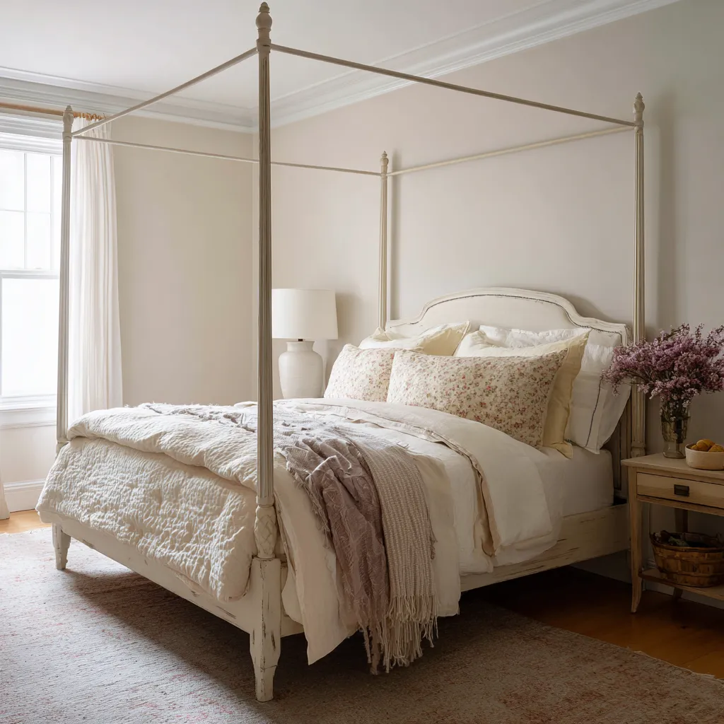 Beige shabby chic bedroom with a distressed white canopy bed, faded floral pillows, creamy bedding, mauve throw