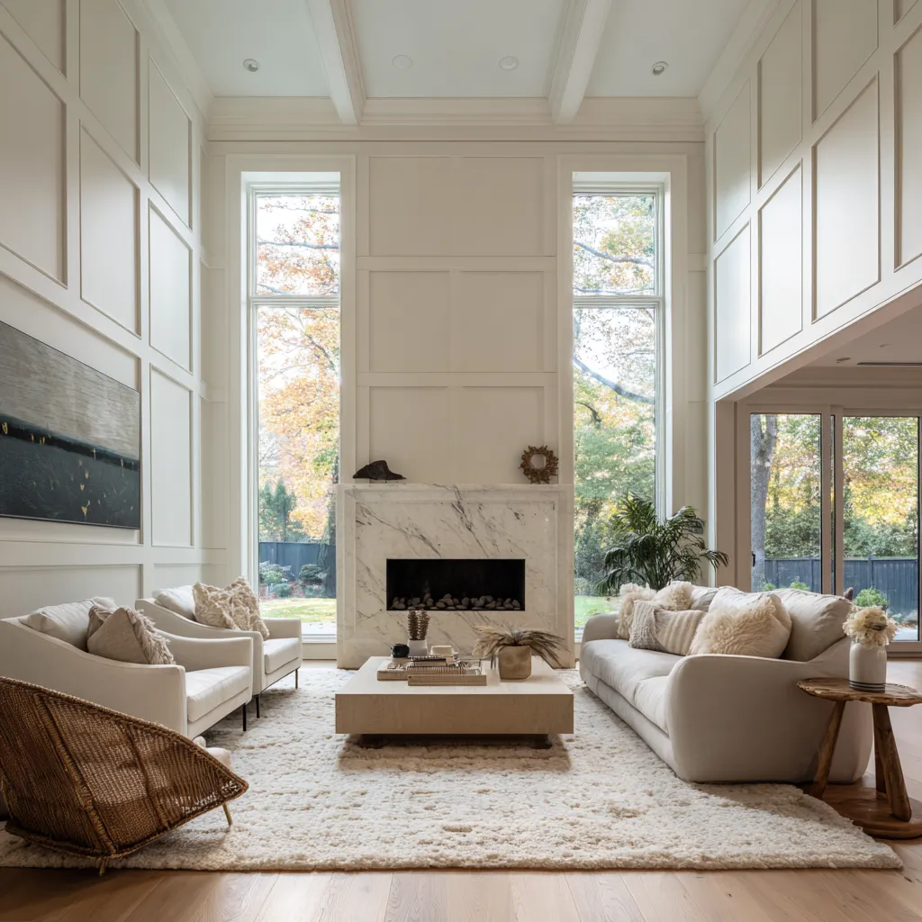 Big double-height modern Hamptons living room with full-height white wall paneling, a low marble fireplace, tall narrow windows Big double-height modern Hamptons living room with full-height white wall paneling, a low marble fireplace, tall narrow windows