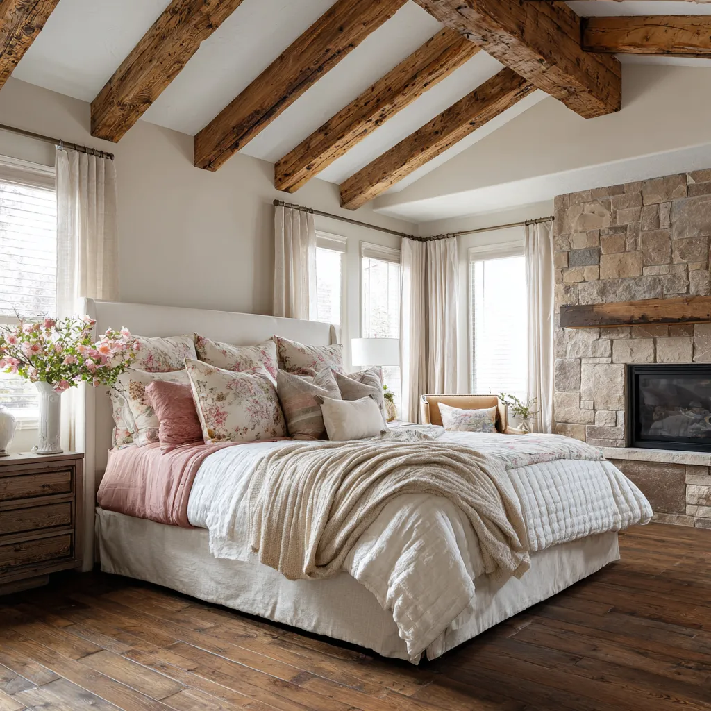 Big rustic modern shabby chic bedroom with large ceiling beams, stone fireplace wall, pale upholstered bed Big rustic modern shabby chic bedroom with large ceiling beams, stone fireplace wall, pale upholstered bed
