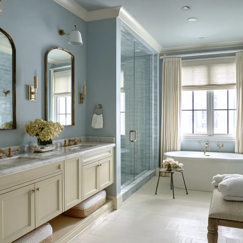 Blue modern shabby chic bathroom with powder-blue walls, cream paneled vanity, floating base with woven baskets Blue modern shabby chic bathroom with powder-blue walls, cream paneled vanity, floating base with woven baskets
