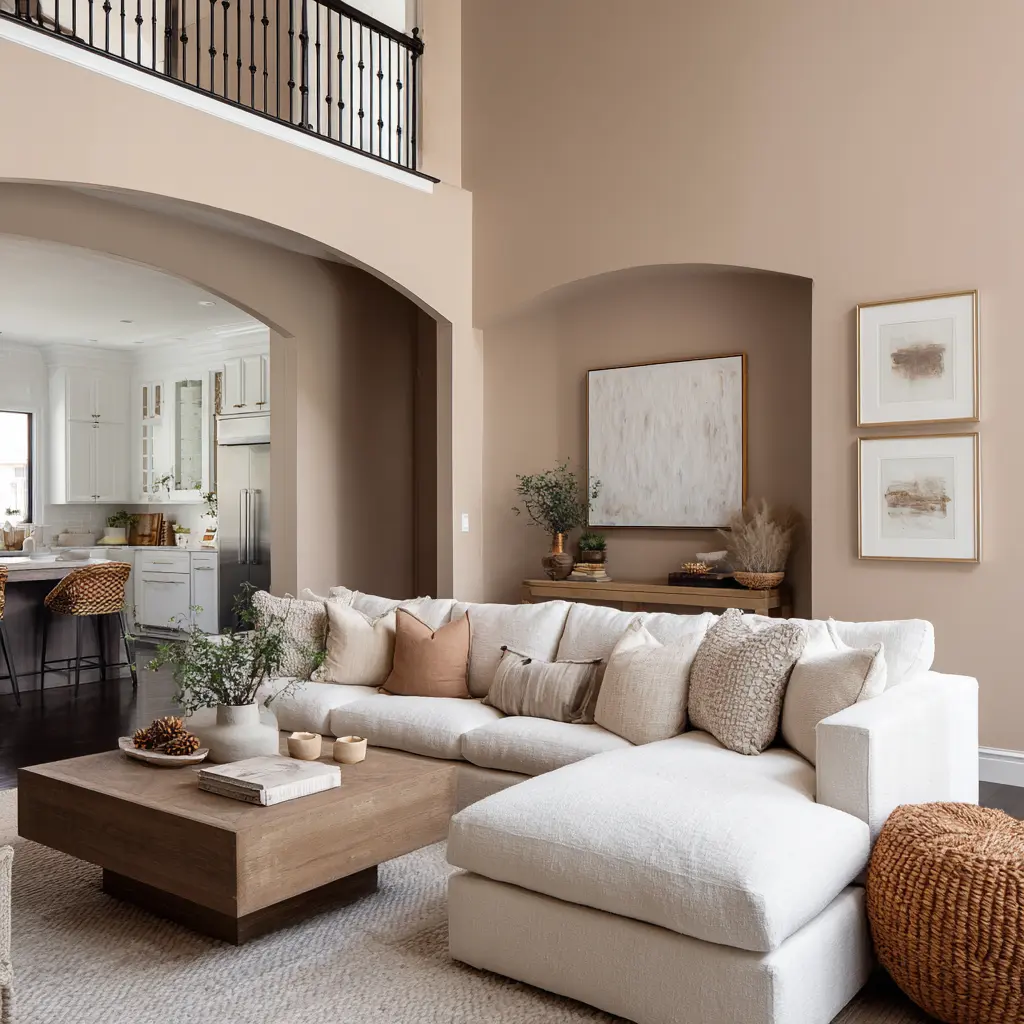 Blush-beige living room with tall arches, creamy sectional, chunky wood coffee table, pale rug, soft neutral art, and bright open connection to a white kitc