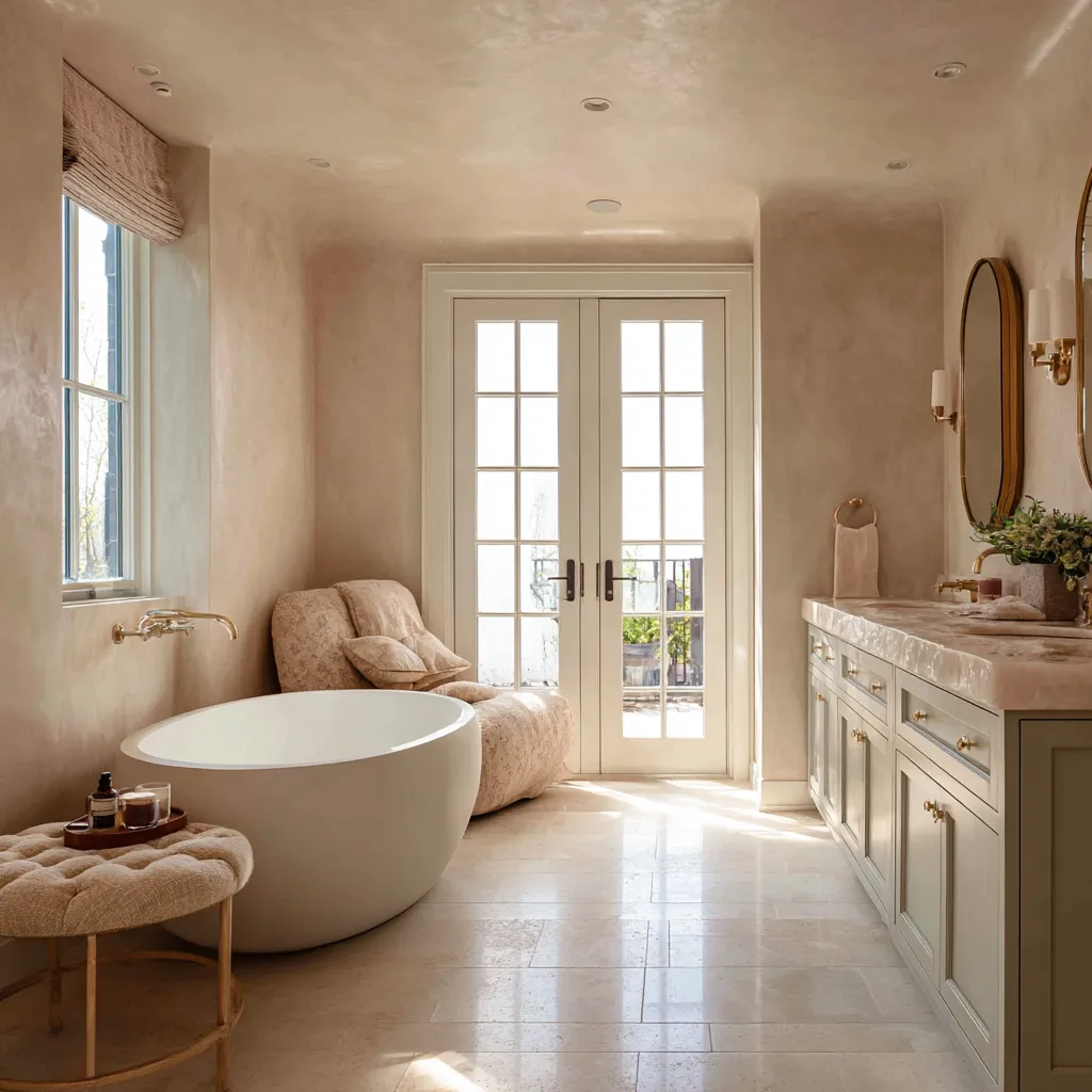Blush plaster modern shabby chic bathroom with paneled vanity, arched mirrors, brass fixtures, upholstered lounge chair Blush plaster modern shabby chic bathroom with paneled vanity, arched mirrors, brass fixtures, upholstered lounge chair