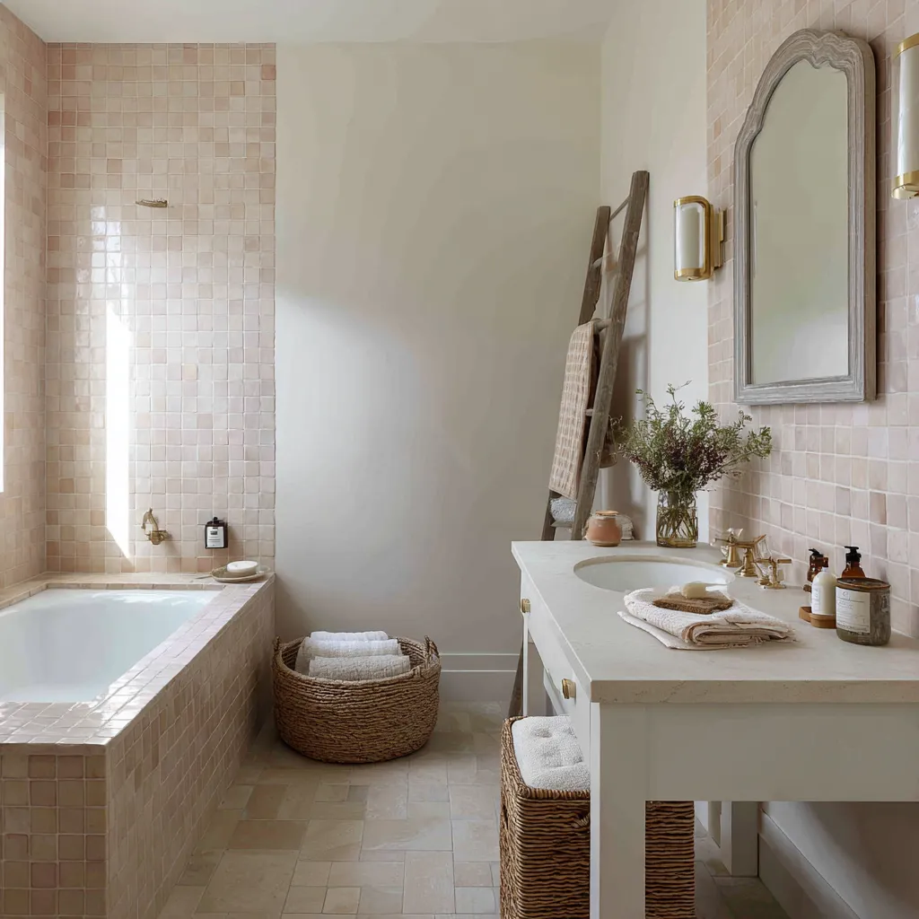 Blush-toned modern shabby chic bathroom with small square pink tiles wrapping walls and tub, simple vanity with brass fixtures Blush-toned modern shabby chic bathroom with small square pink tiles wrapping walls and tub, simple vanity with brass fixtures