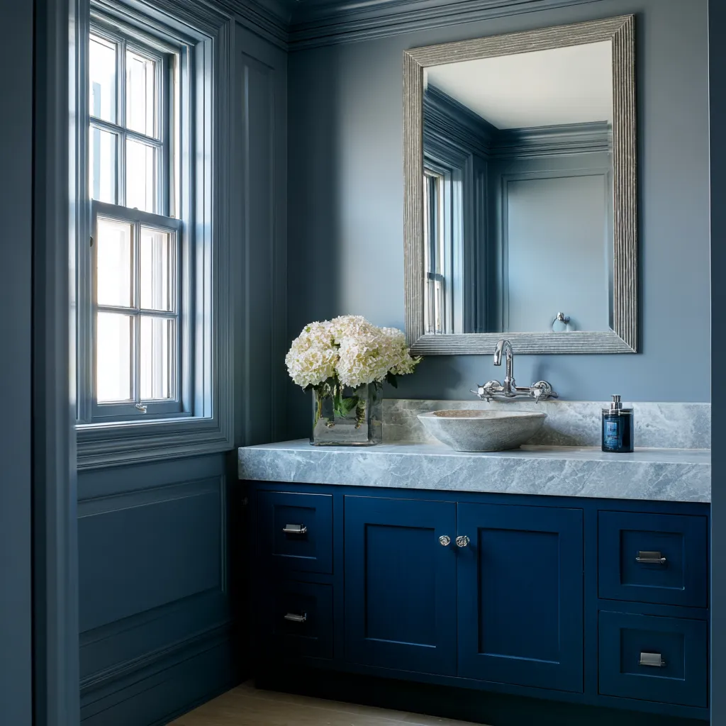 Bold blue Colonial bathroom with matching walls, trim, and vanity, a pale stone counter, vessel sink, framed mirror Bold blue Colonial bathroom with matching walls, trim, and vanity, a pale stone counter, vessel sink, framed mirror