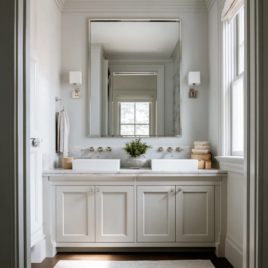 Bright Colonial-style bathroom with a double vanity in warm gray, recessed-panel cabinet fronts, pale marble counters Bright Colonial-style bathroom with a double vanity in warm gray, recessed-panel cabinet fronts, pale marble counters