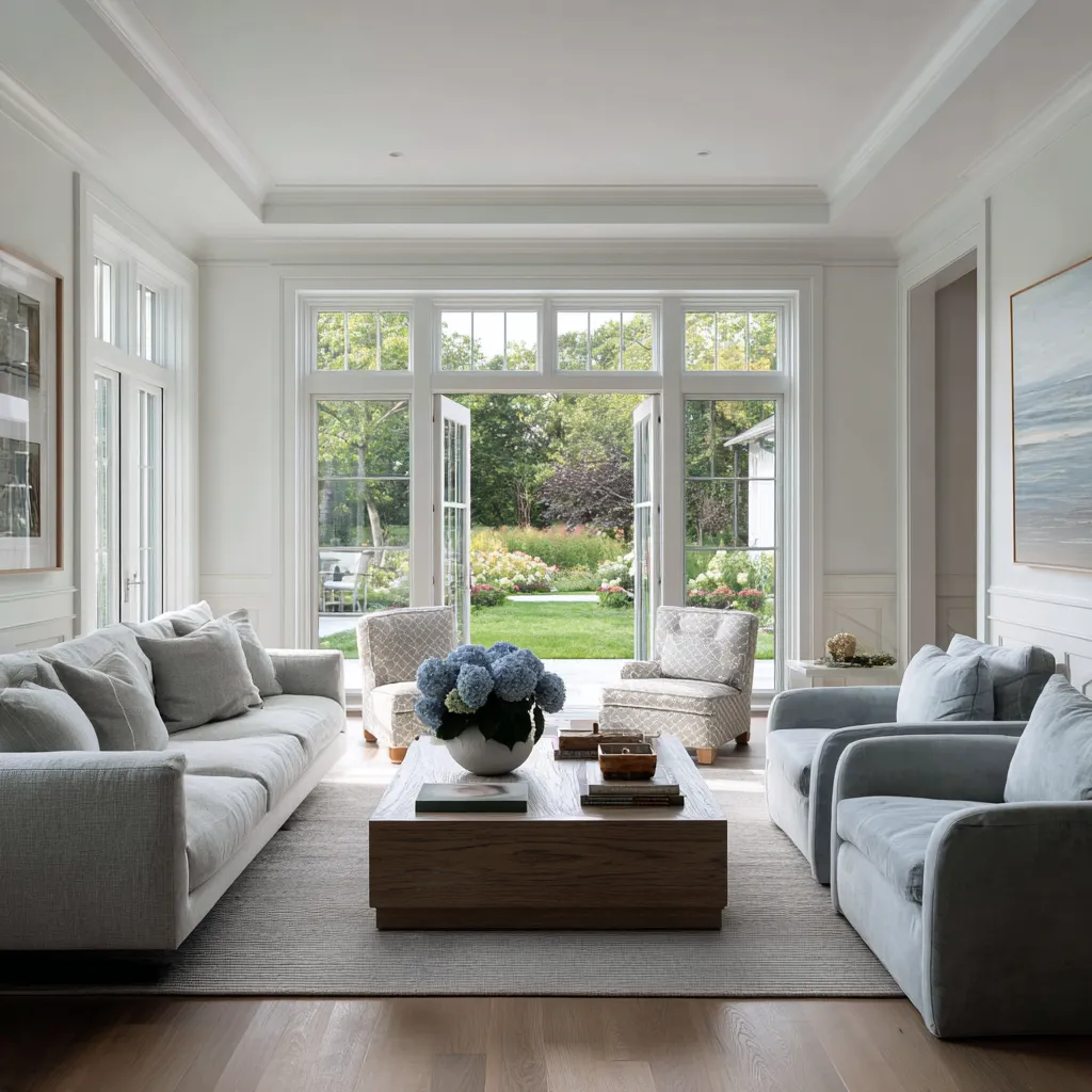 Bright modern Hamptons living room concept arranged on a strong central axis, with garden-facing doors, pale seating, blue accent chairs Bright modern Hamptons living room concept arranged on a strong central axis, with garden-facing doors, pale seating, blue accent chairs