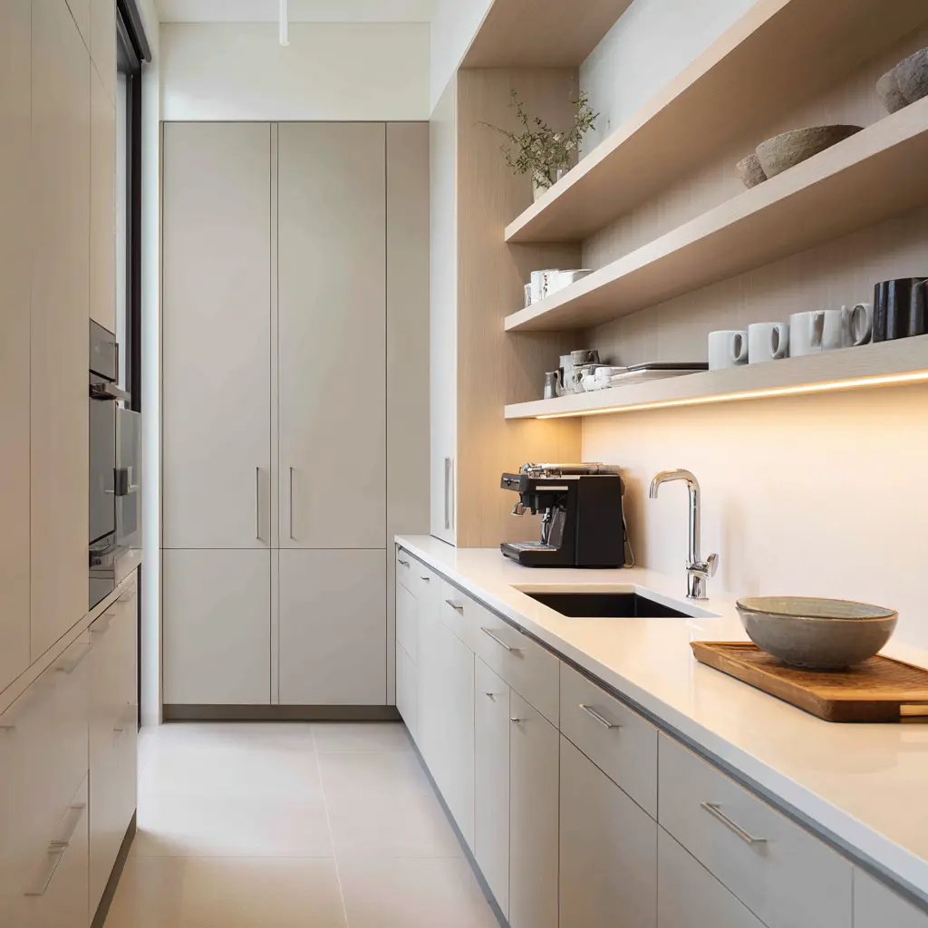 Bright modern one-wall scullery with tall end cabinets, wood-backed open shelves, under-shelf glow, pale counter, dark sink, coffee machine Bright modern one-wall scullery with tall end cabinets, wood-backed open shelves, under-shelf glow, pale counter, dark sink, coffee machine