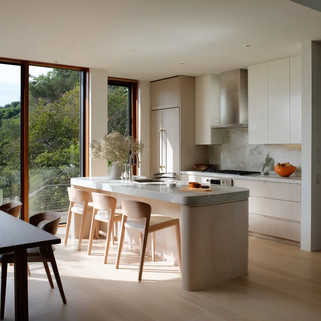 Bright pale kitchen island with rounded short-end corners, softly veined stone top, light chairs, and large glass openings Bright pale kitchen island with rounded short-end corners, softly veined stone top, light chairs, and large glass openings