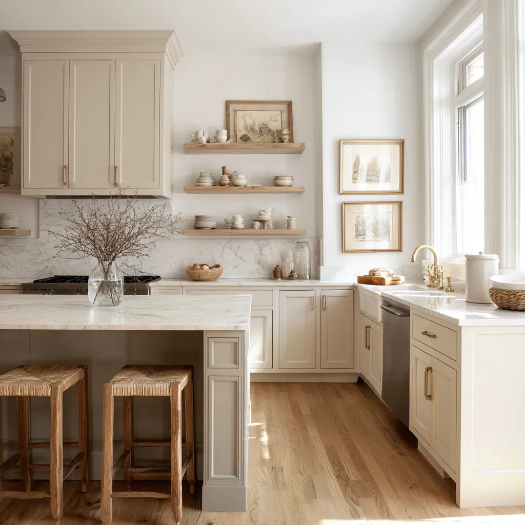 Bright polished shabby chic kitchen with pale clean-lined cabinetry, marble counters and backsplash Bright polished shabby chic kitchen with pale clean-lined cabinetry, marble counters and backsplash