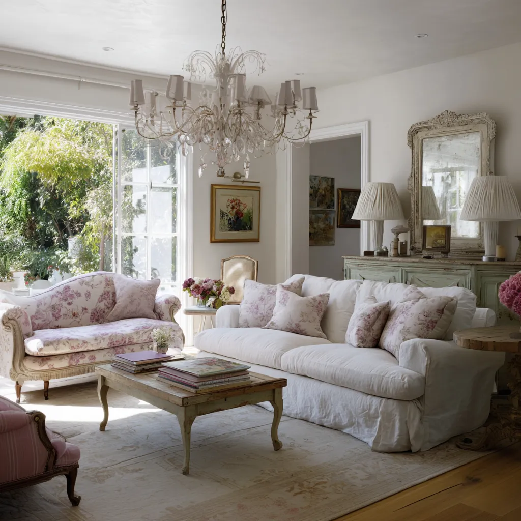 Bright romantic modern shabby chic living room with large white sofa, pink floral settee, crystal chandelier Bright romantic modern shabby chic living room with large white sofa, pink floral settee, crystal chandelier