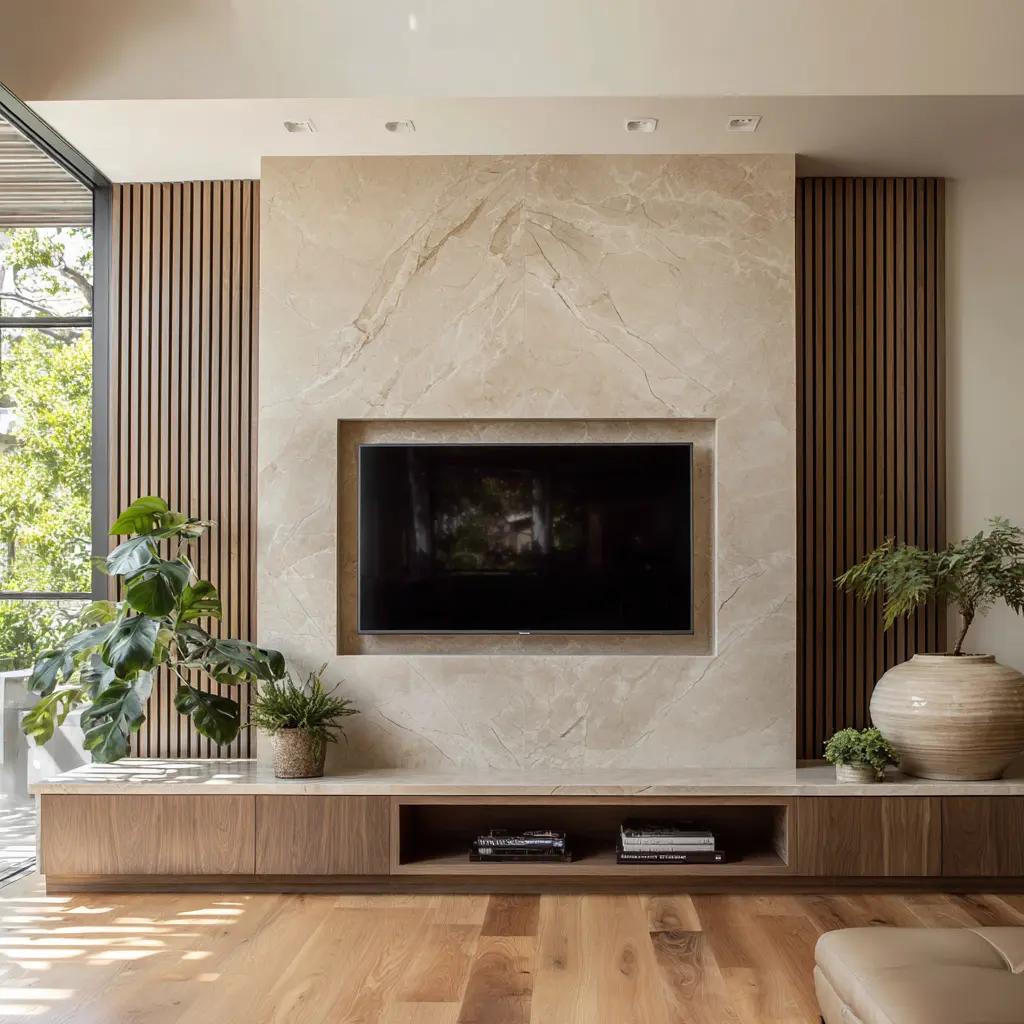 Built-in TV wall idea with pale stone slab center, recessed screen niche, vertical wood slat panels on both sides, and low wood cabinetry Built-in TV wall idea with pale stone slab center, recessed screen niche, vertical wood slat panels on both sides, and low wood cabinetry