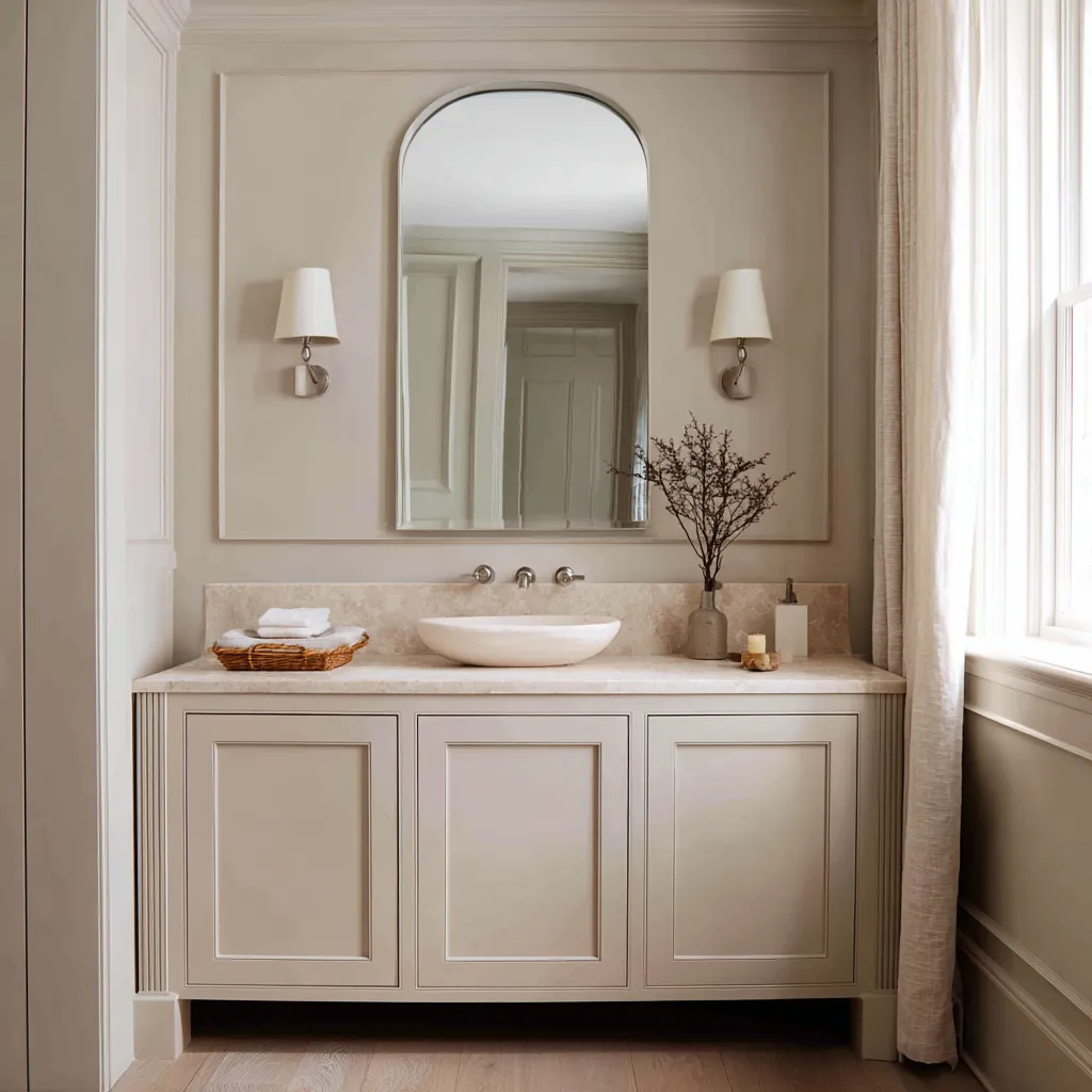 Calm Colonial vanity wall with a framed panel backdrop, tall arched mirror, pale stone countertop, broad paneled cabinetry Calm Colonial vanity wall with a framed panel backdrop, tall arched mirror, pale stone countertop, broad paneled cabinetry