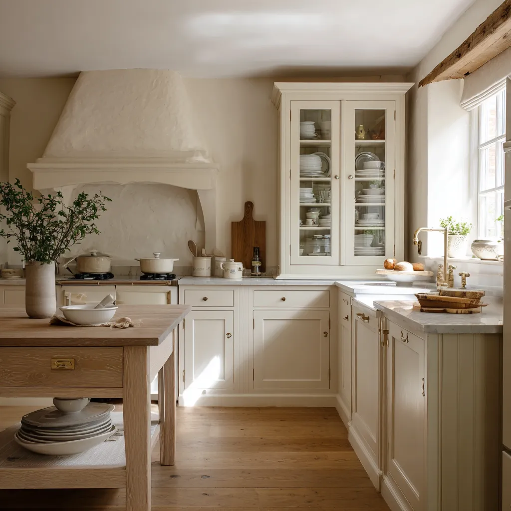 Calm cream-toned kitchen with a shaped plaster hood, glazed dresser-style cabinet of dishes Calm cream-toned kitchen with a shaped plaster hood, glazed dresser-style cabinet of dishes