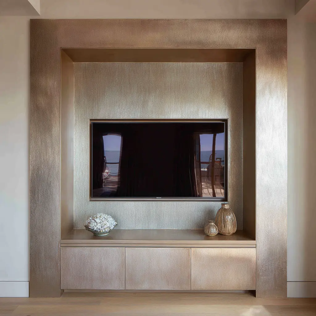 Champagne-bronze metallic built-in TV wall design with deep recessed niche, subtle shimmer finish, and minimalist decorative objects on a long ledge Champagne-bronze metallic built-in TV wall design with deep recessed niche, subtle shimmer finish, and minimalist decorative objects on a long ledge
