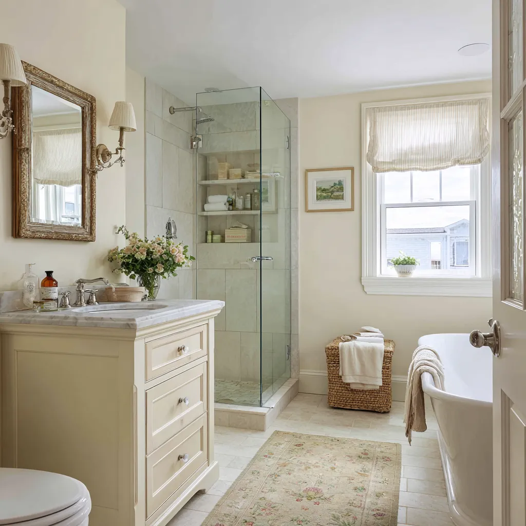 Classic shabby chic bathroom with painted cream vanity, distressed wood mirror, pleated sconces, floral runner rug Classic shabby chic bathroom with painted cream vanity, distressed wood mirror, pleated sconces, floral runner rug