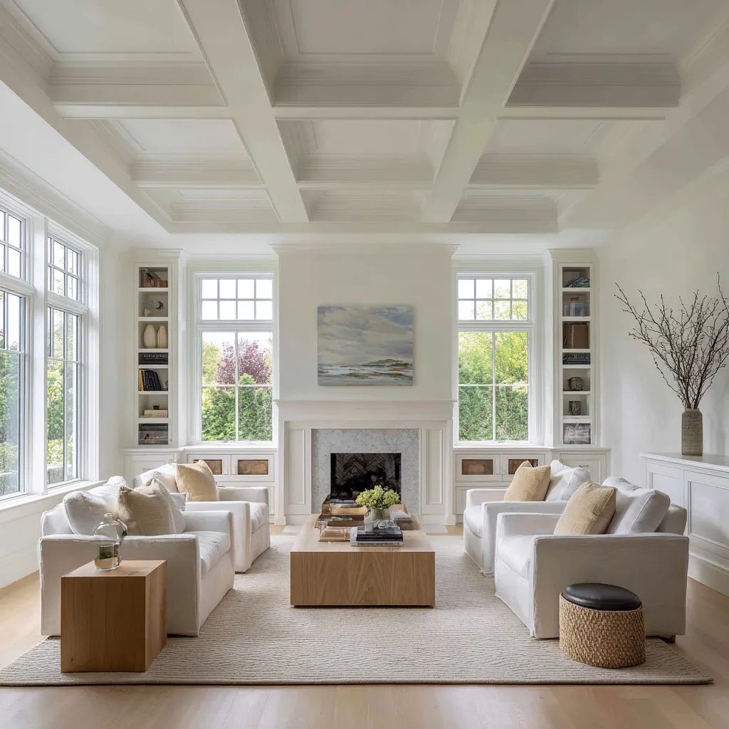 Classically arranged modern Hamptons living room with a coffered ceiling, centered fireplace, flanking windows and built-ins Classically arranged modern Hamptons living room with a coffered ceiling, centered fireplace, flanking windows and built-ins