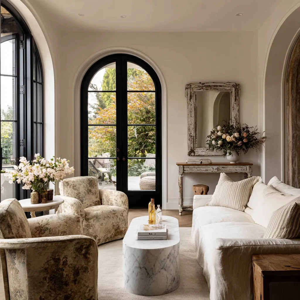 Classy architectural modern shabby chic living room with black arched door, floral armchairs, distressed console and mirror Classy architectural modern shabby chic living room with black arched door, floral armchairs, distressed console and mirror