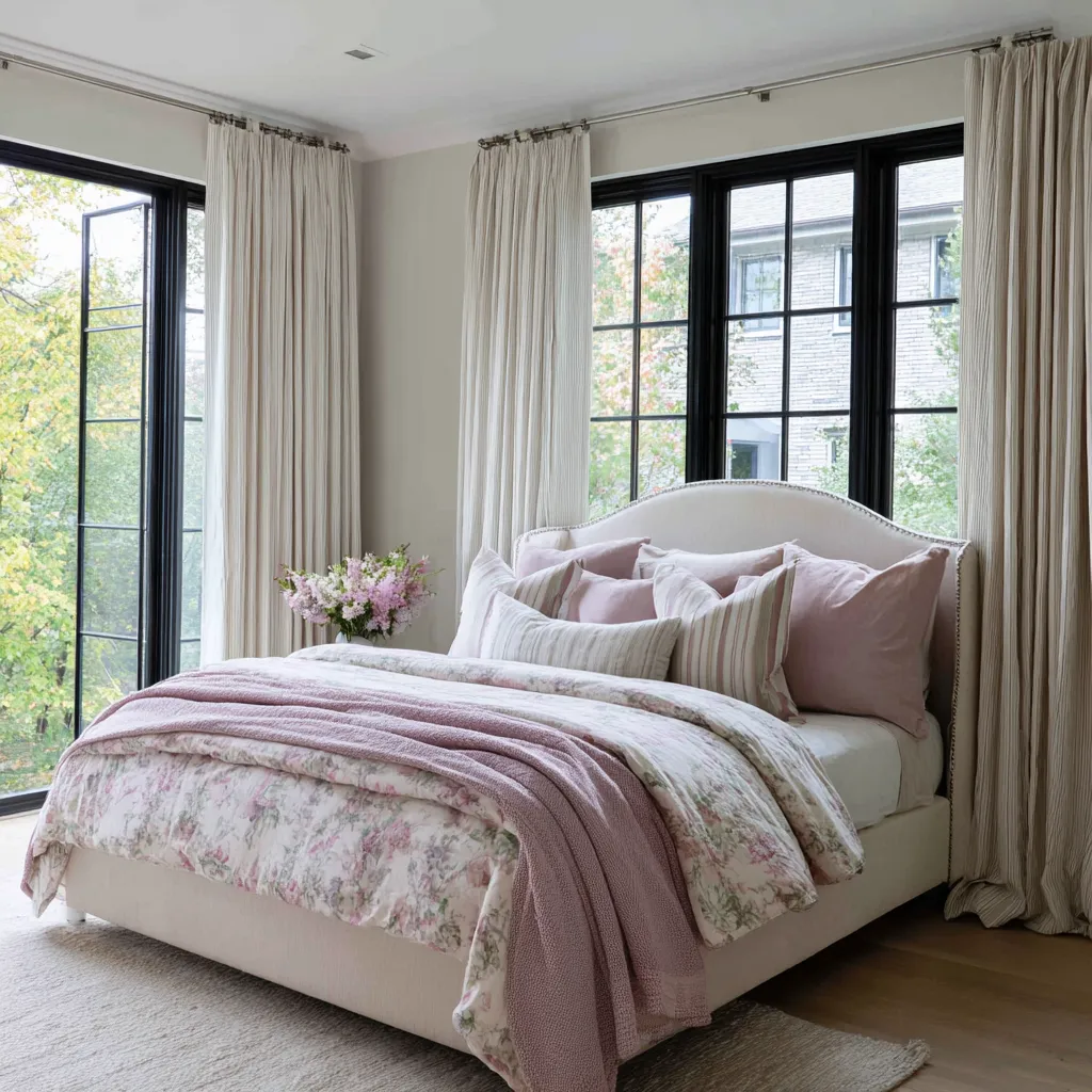 Clean modern shabby chic bedroom with black-framed windows, a broad curved upholstered headboard, floral bedding Clean modern shabby chic bedroom with black-framed windows, a broad curved upholstered headboard, floral bedding