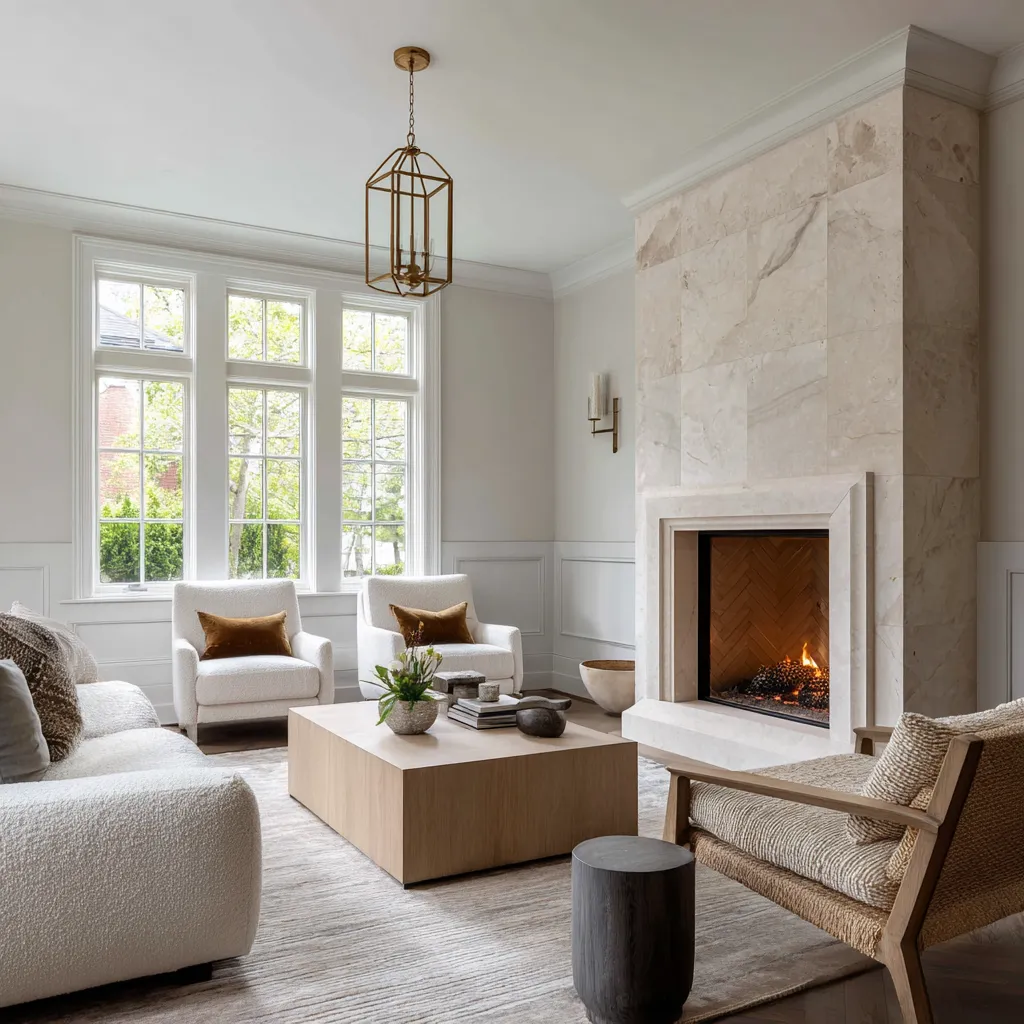 Collected modern Hamptons living room with a corner pale stone fireplace, paneled wainscot, tall divided-light windows Collected modern Hamptons living room with a corner pale stone fireplace, paneled wainscot, tall divided-light windows
