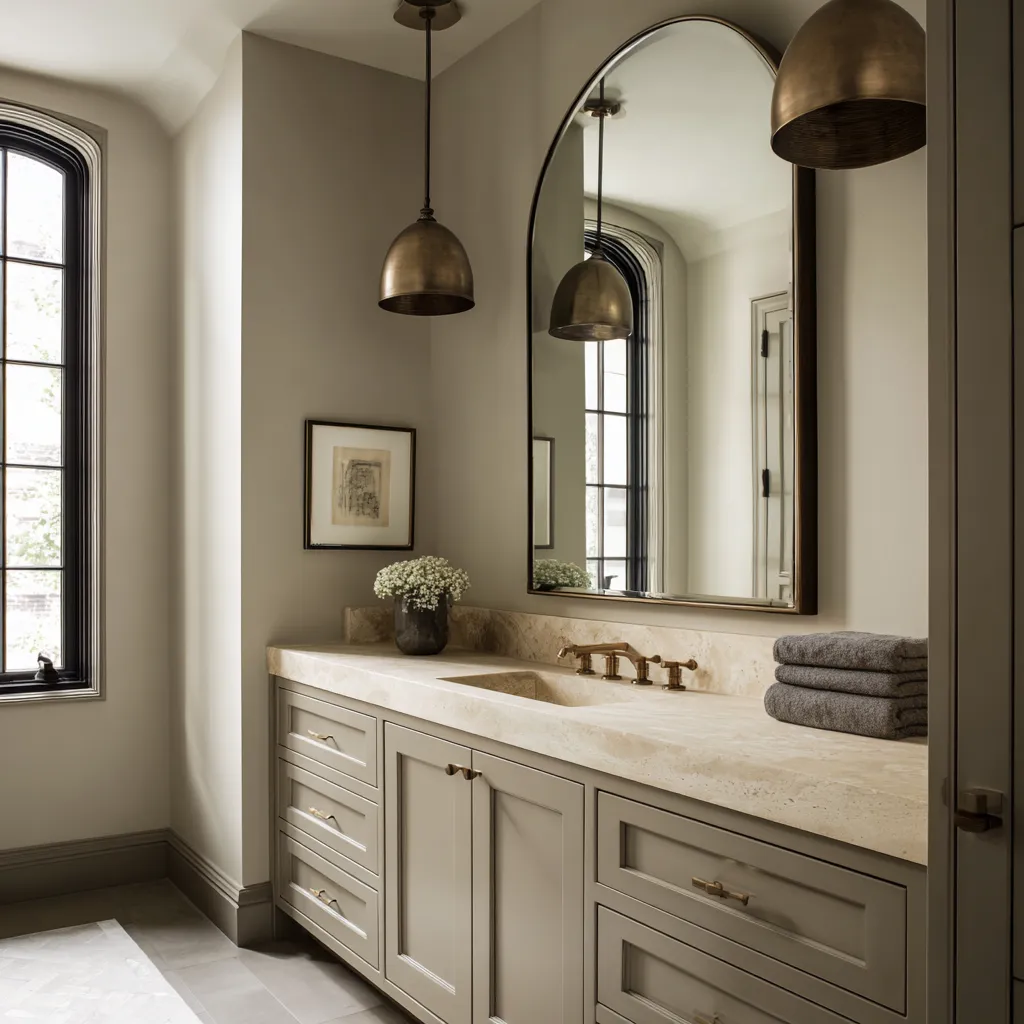 Colonial bathroom with a tall arched mirror, hanging brass pendants, taupe-gray paneled vanity Colonial bathroom with a tall arched mirror, hanging brass pendants, taupe-gray paneled vanity