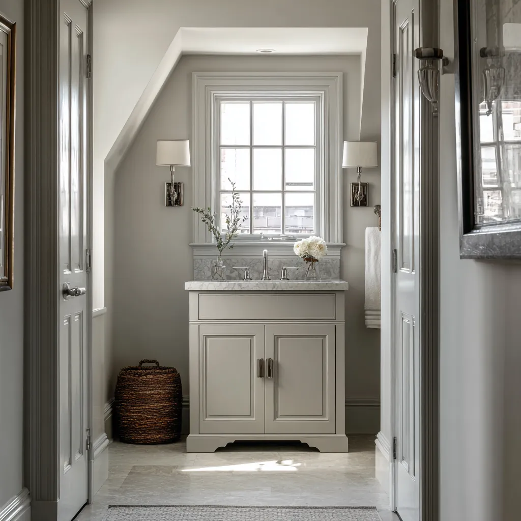 Compact Colonial sink alcove with a sloped ceiling, centered window above the vanity, pale paneled cabinetry Compact Colonial sink alcove with a sloped ceiling, centered window above the vanity, pale paneled cabinetry