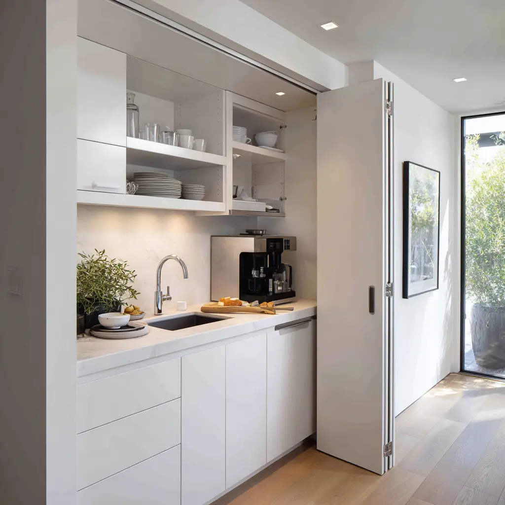 Compact hidden scullery built into a white cabinet wall with open panel door, lit sink niche, grouped dish storage Compact hidden scullery built into a white cabinet wall with open panel door, lit sink niche, grouped dish storage