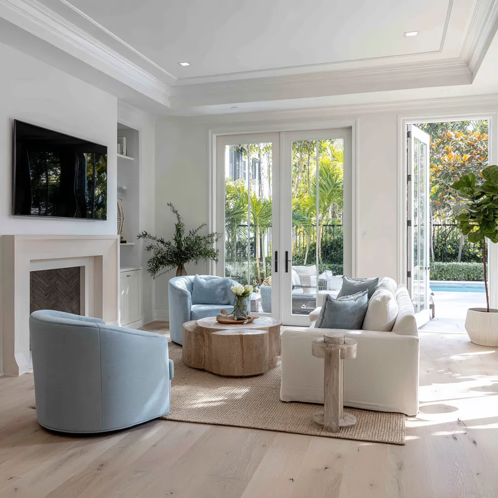 Compact modern Hamptons living room with a white sofa, pale blue rounded chairs, a round wood coffee table Compact modern Hamptons living room with a white sofa, pale blue rounded chairs, a round wood coffee table